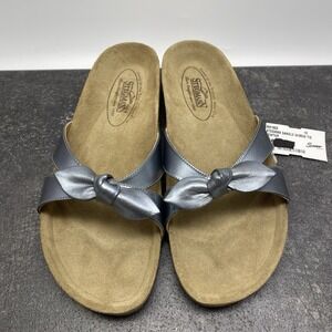 Stegmann Leather Metallic Silver Bow Slide Sandals Women's 10 B Cork Insole 1502
